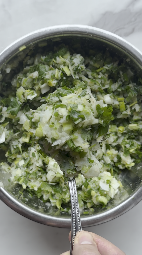 a bowl of mashed potatoes and leeks, cilantro,green onion mix with salt with other seasonings